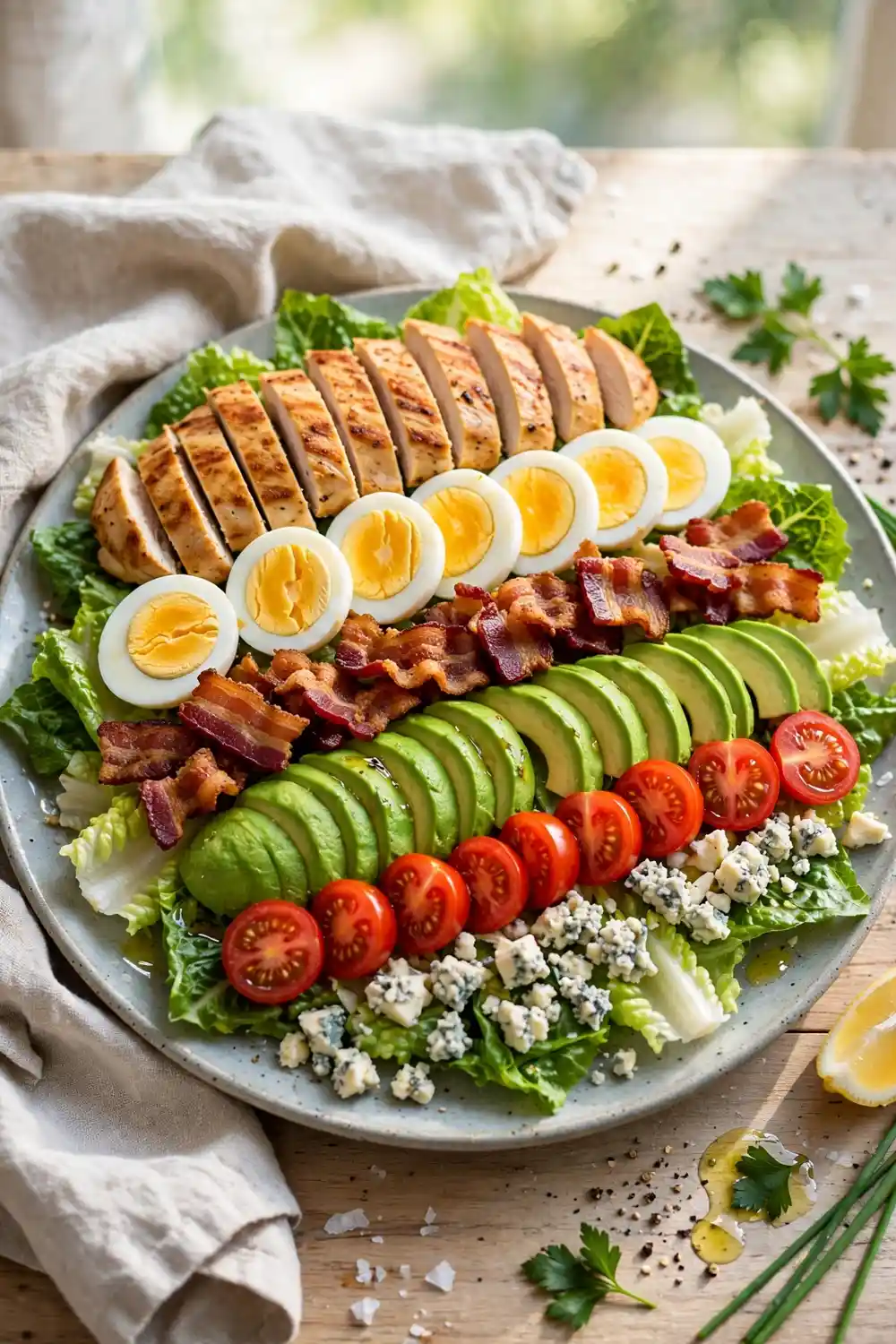 Loaded chicken cobb salad with eggs bacon avocado in neat rows