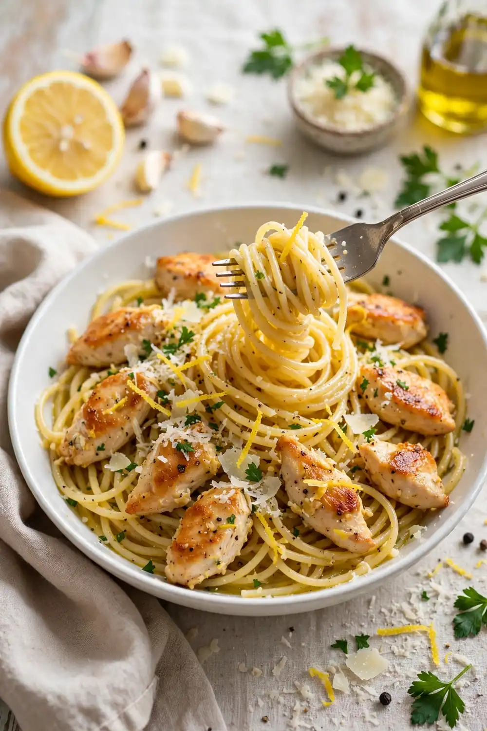Lemon garlic chicken pasta with parmesan and parsley