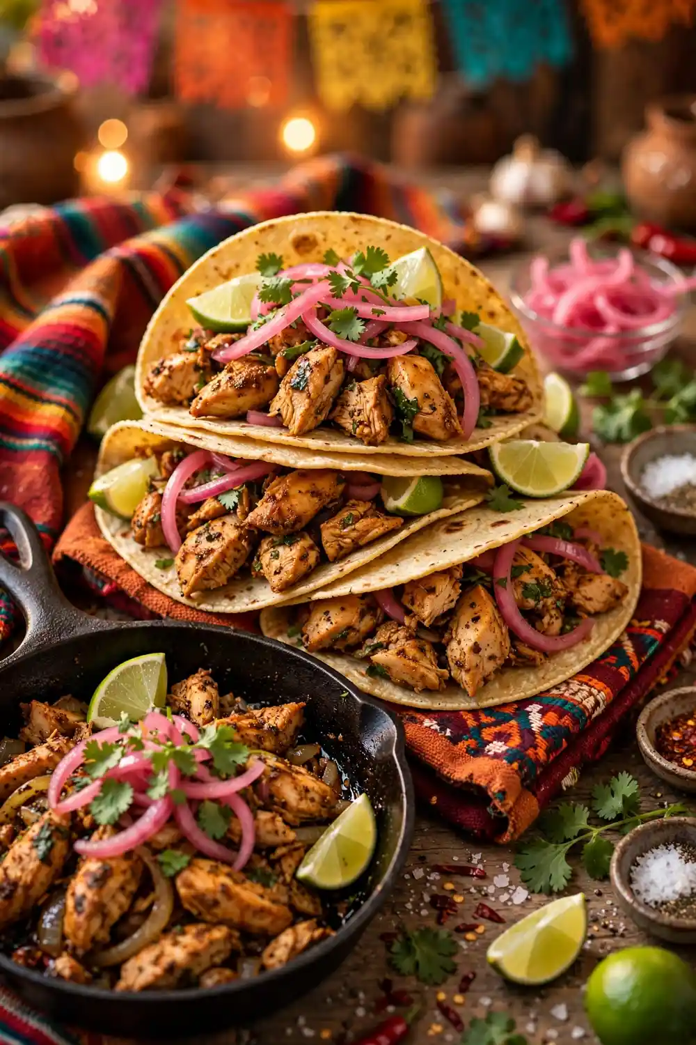 Skillet chicken tacos with pickled onions cilantro and lime
