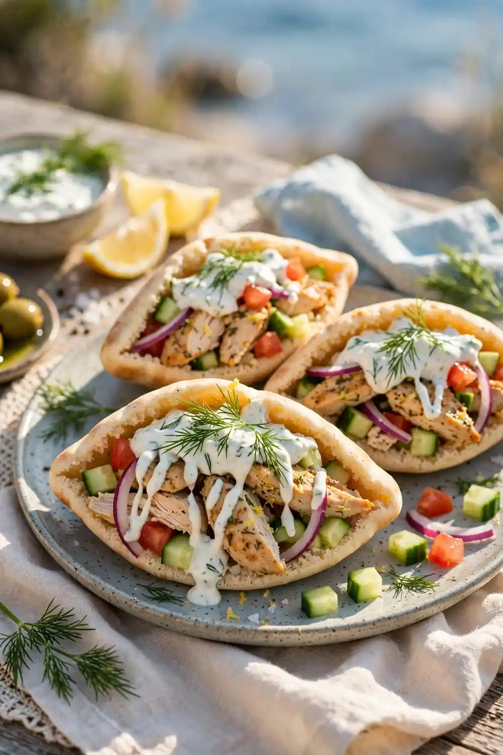 Mediterranean chicken pitas with tzatziki cucumber and dill