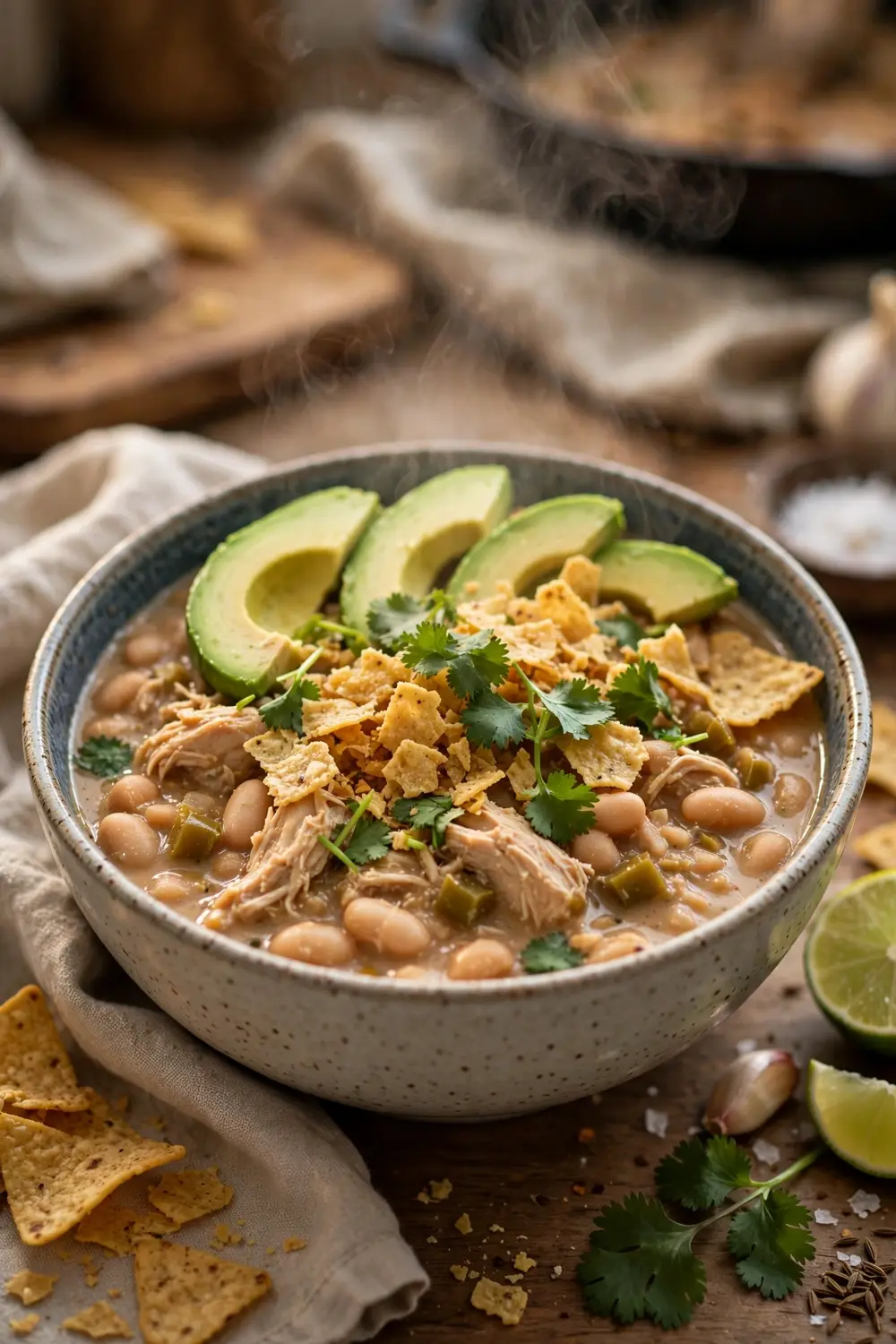 White bean chicken chili with avocado and tortilla chips