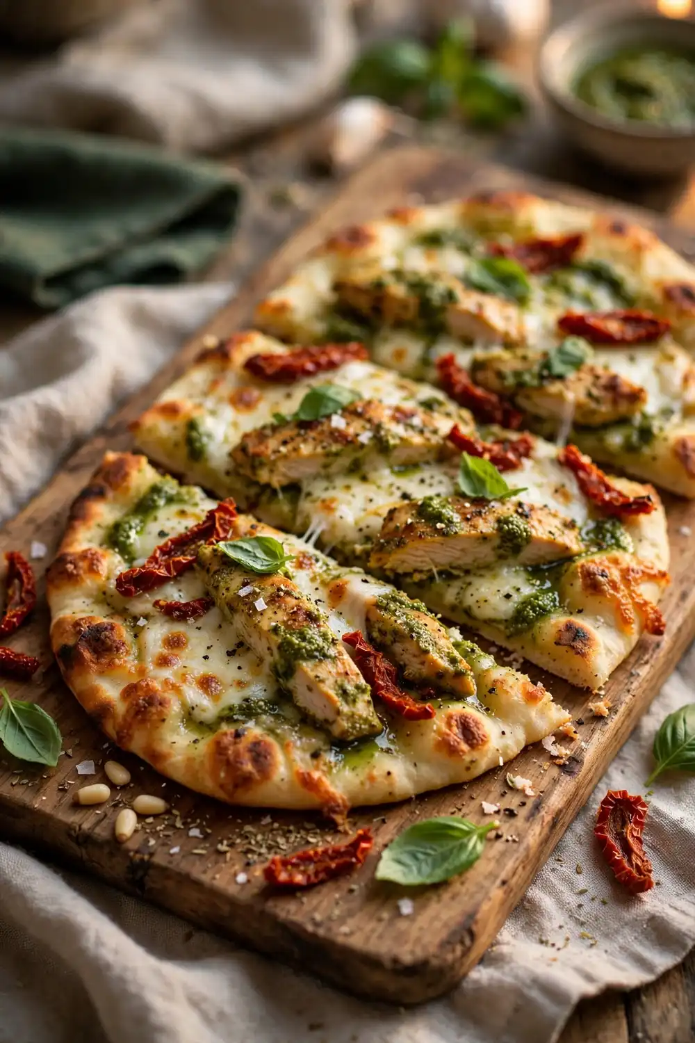 Pesto chicken flatbread with mozzarella and sun dried tomatoes