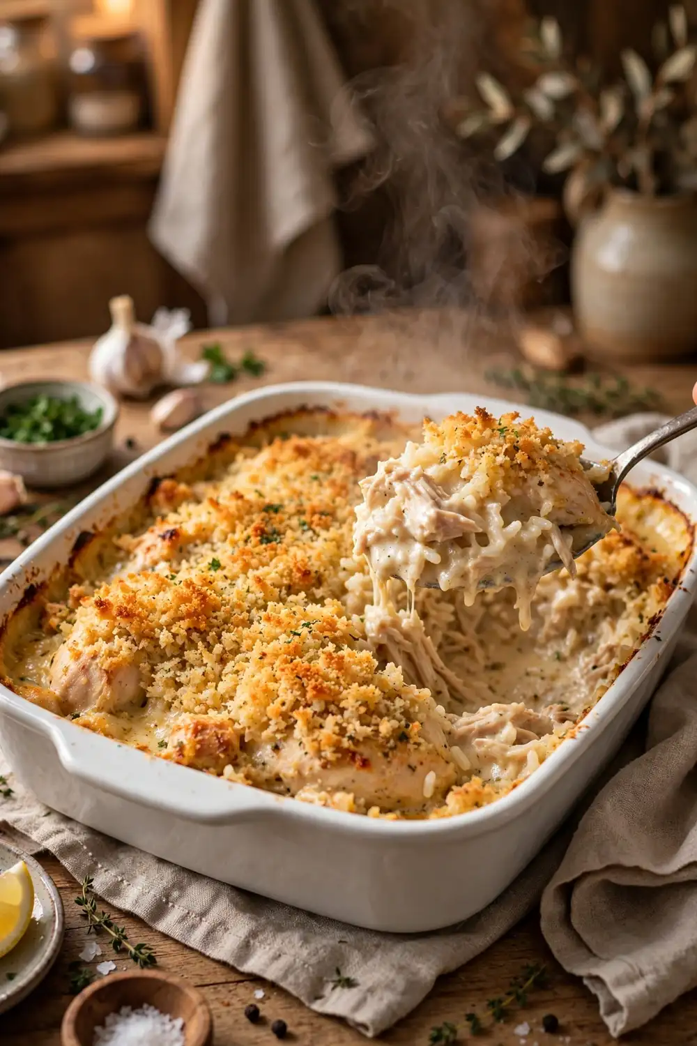 Cozy chicken and rice bake with golden breadcrumb topping