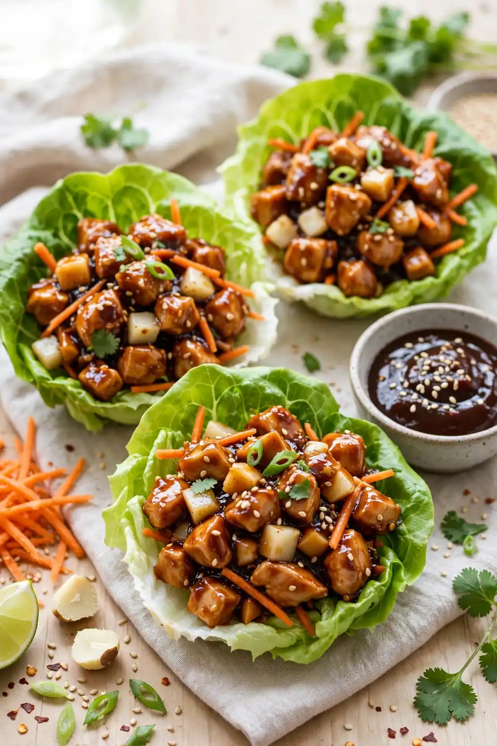 Asian chicken lettuce cups with hoisin glaze and water chestnuts