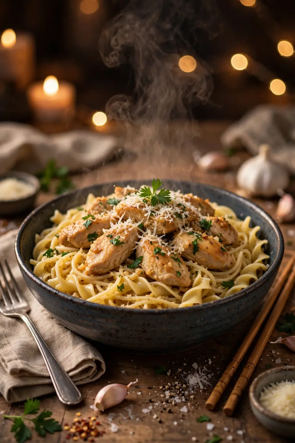 Garlic butter chicken noodles with parmesan and parsley