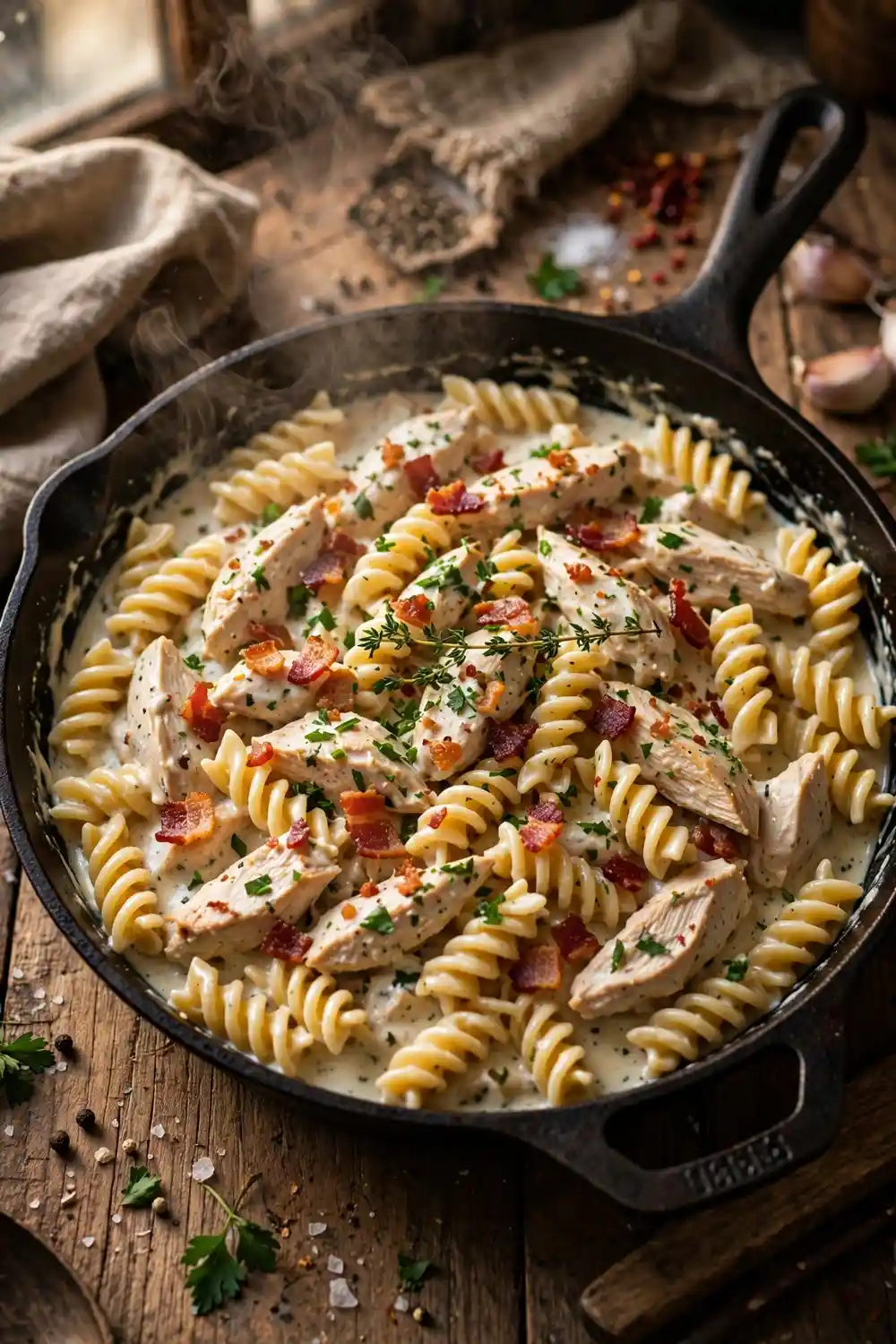 Ranch chicken pasta skillet with creamy sauce in a cast iron pan