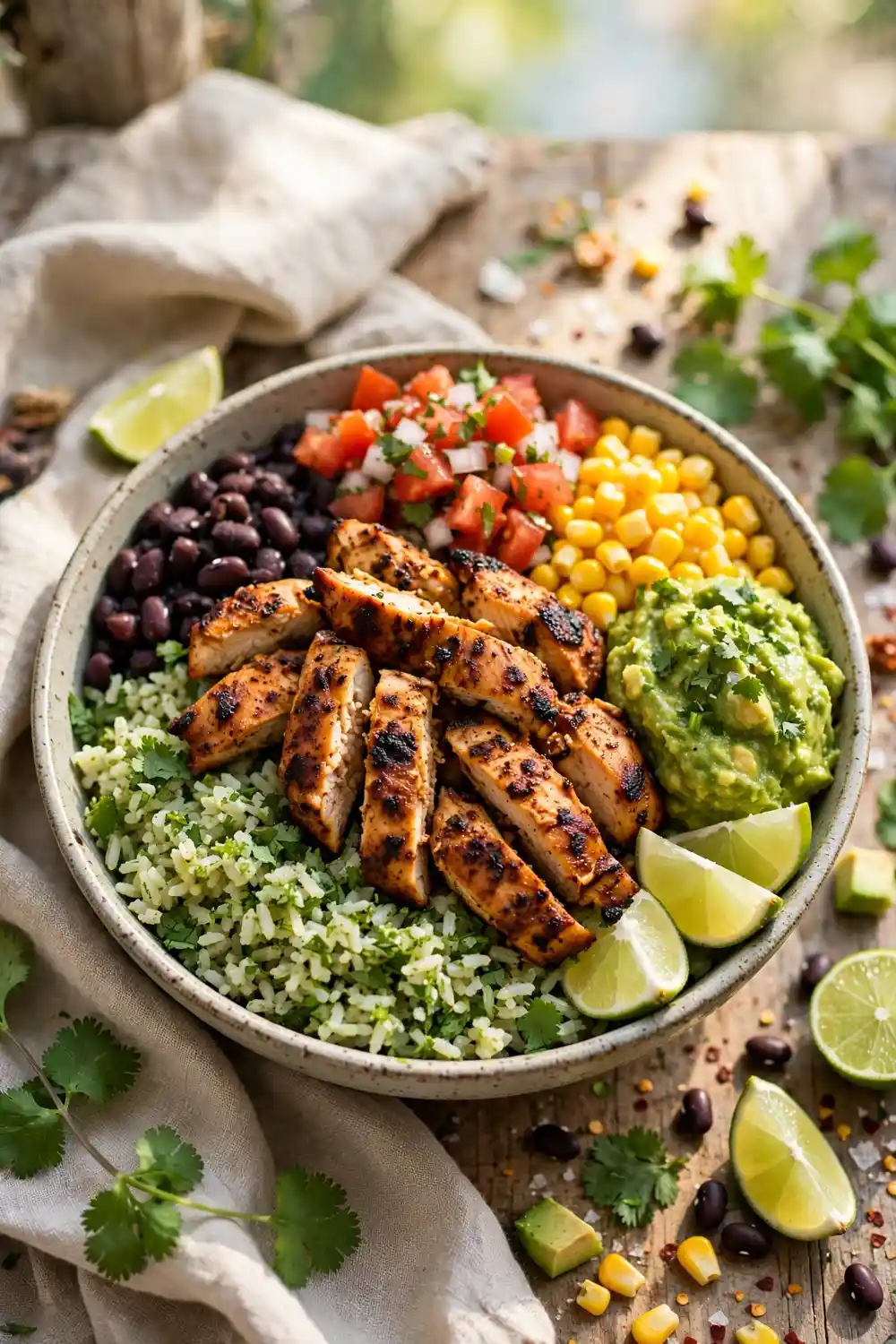 Chipotle chicken burrito bowls with black beans corn and guacamole