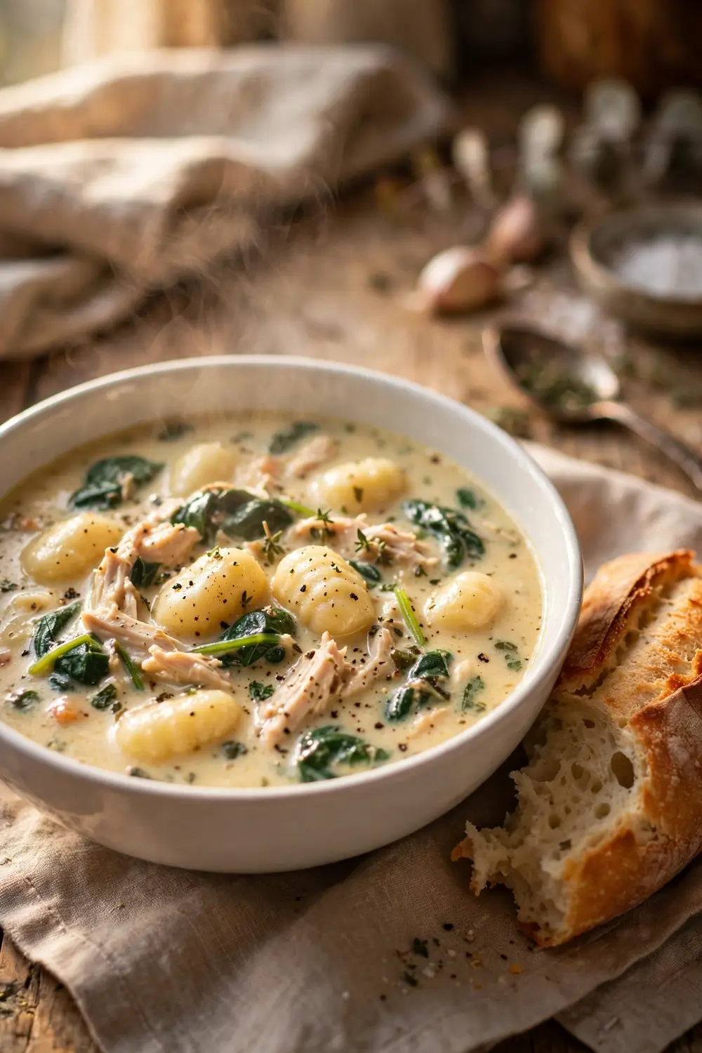 Creamy chicken gnocchi soup with spinach in a white bowl