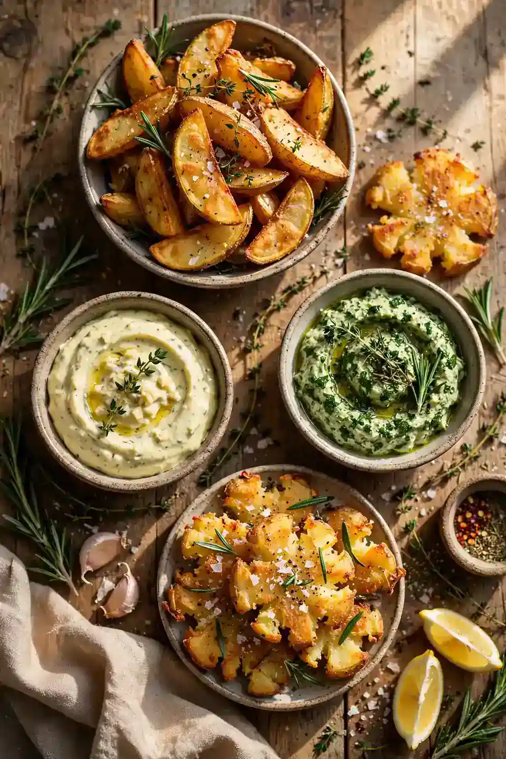 Overhead spread of crispy potato recipes with dips and fresh herbs on a rustic table