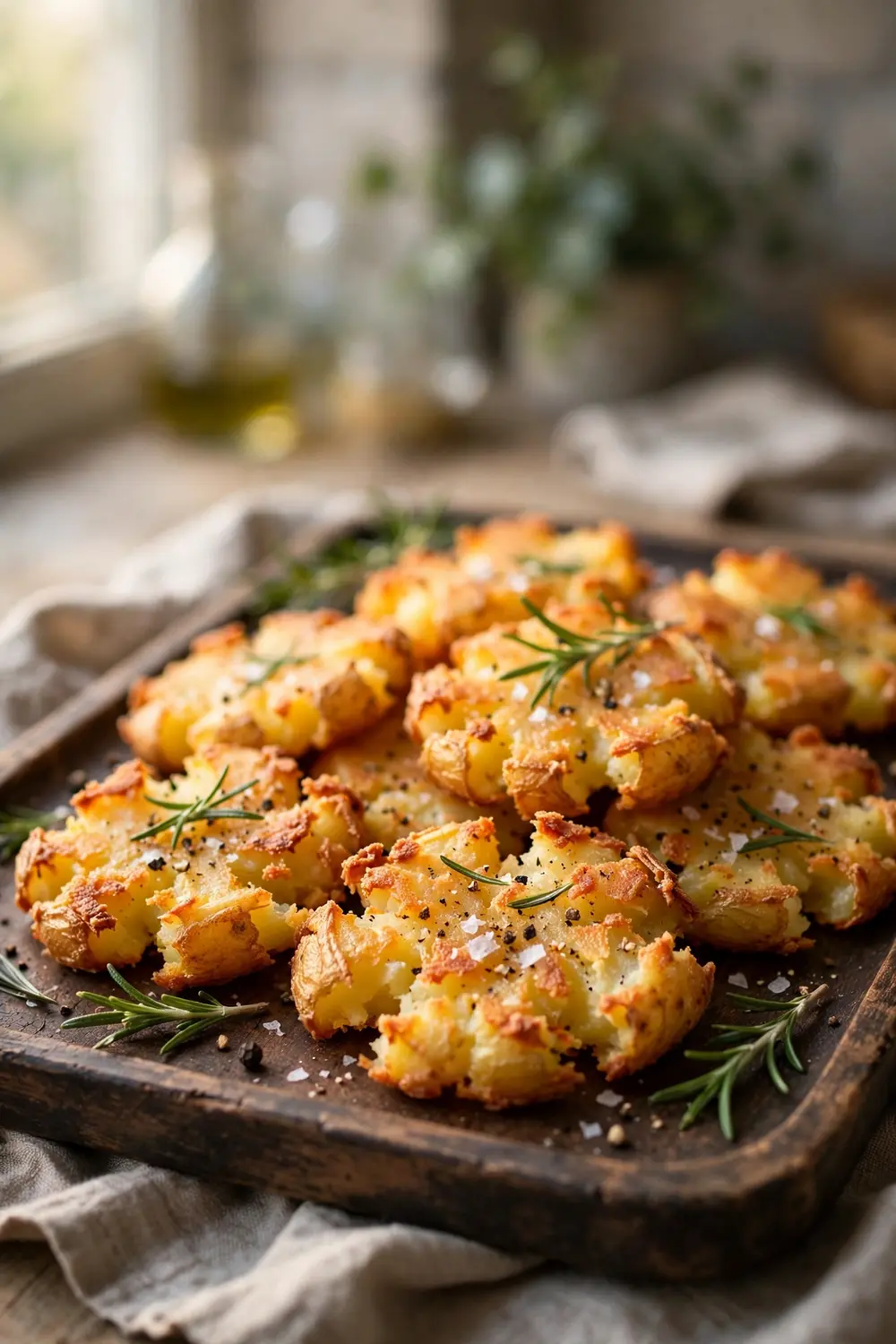 Crispy smashed potatoes with rosemary and flaky sea salt on a rustic wooden tray