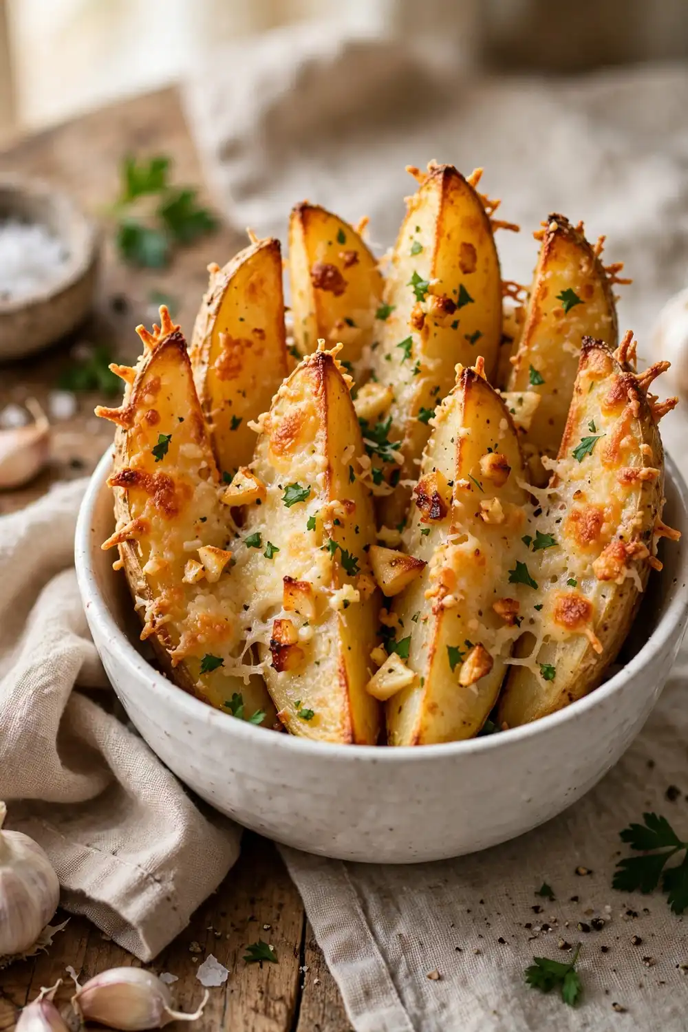Golden garlic parmesan potato wedges in a white ceramic bowl with fresh parsley