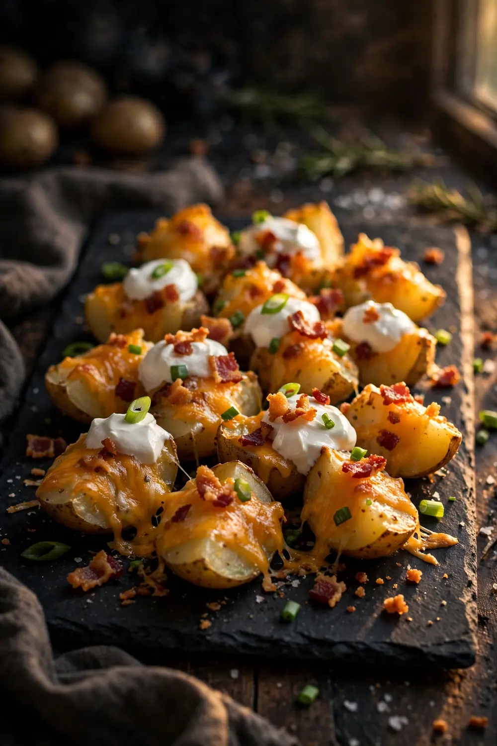 Loaded baked potato bites with cheddar, bacon, sour cream and green onions