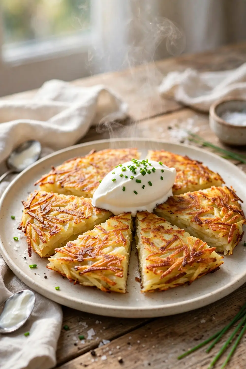 Golden crispy potato rosti wedges with sour cream and chives on a plate