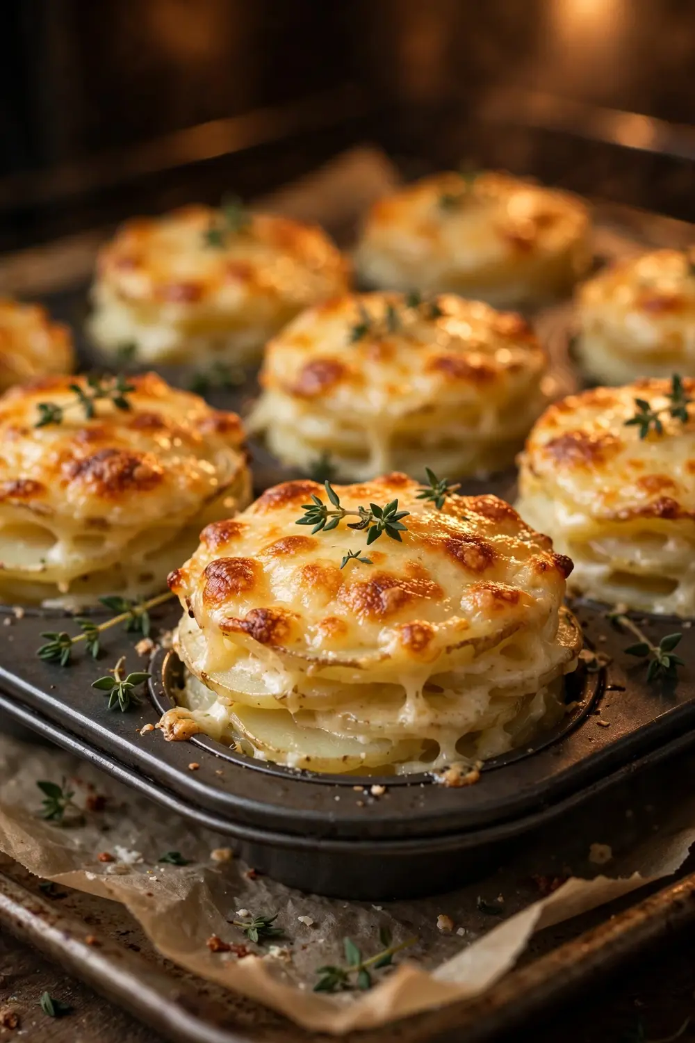 Cheesy scalloped potato stacks with bubbling golden cheese tops in a muffin tin