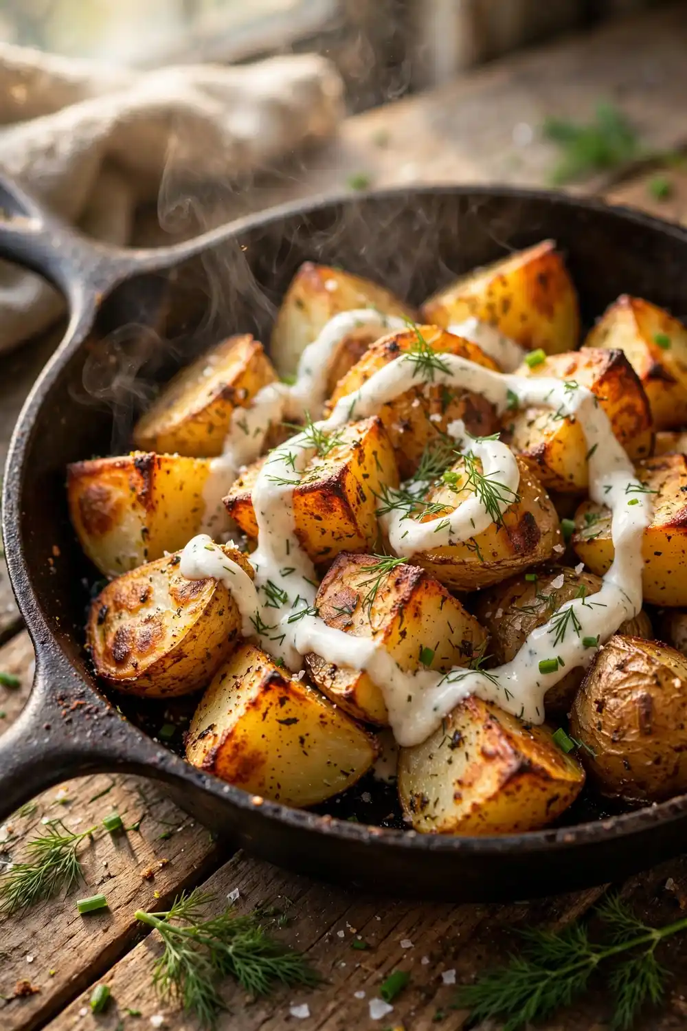 Ranch roasted potato chunks in a cast iron skillet with fresh herbs
