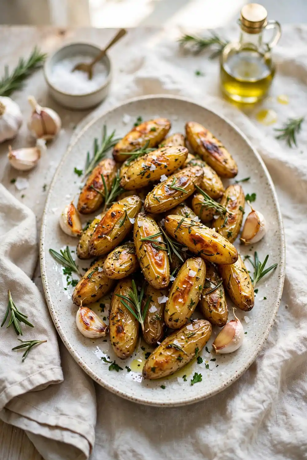 Herbed fingerling potatoes with rosemary and garlic on an oval platter