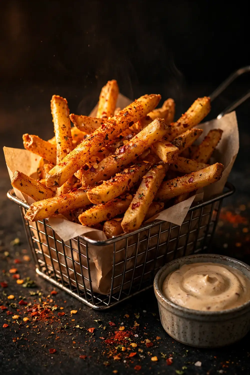 Spicy cajun fries with red spice dusting in a wire basket with chipotle mayo
