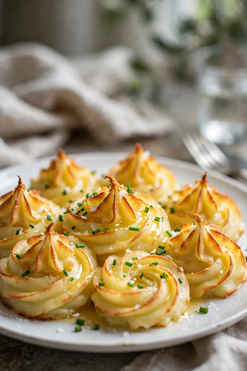 Buttery duchess potato swirls with golden crispy tips on a white plate