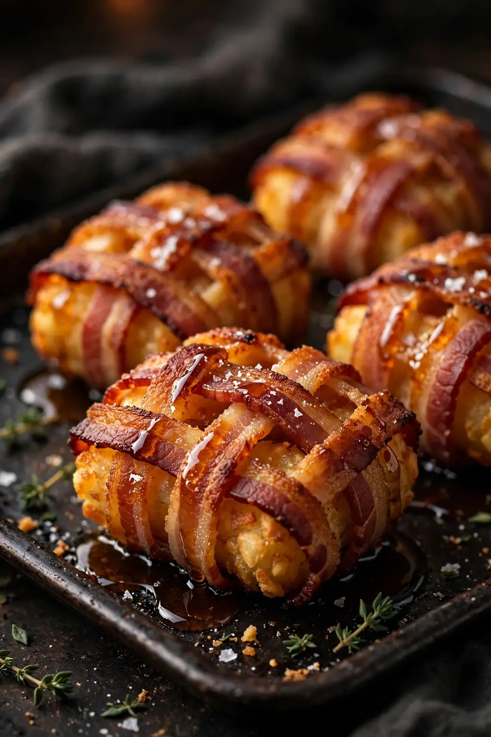 Bacon wrapped tater tots with maple glaze on a dark baking tray