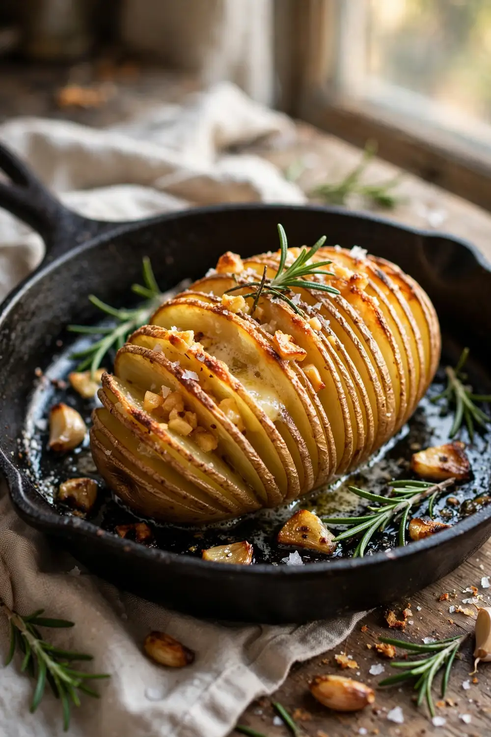 Rosemary hasselback potato with accordion slices and melted garlic butter