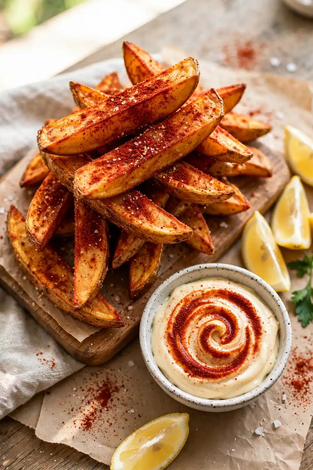 Smoked paprika wedge fries with aioli and lemon wedges on a wooden board
