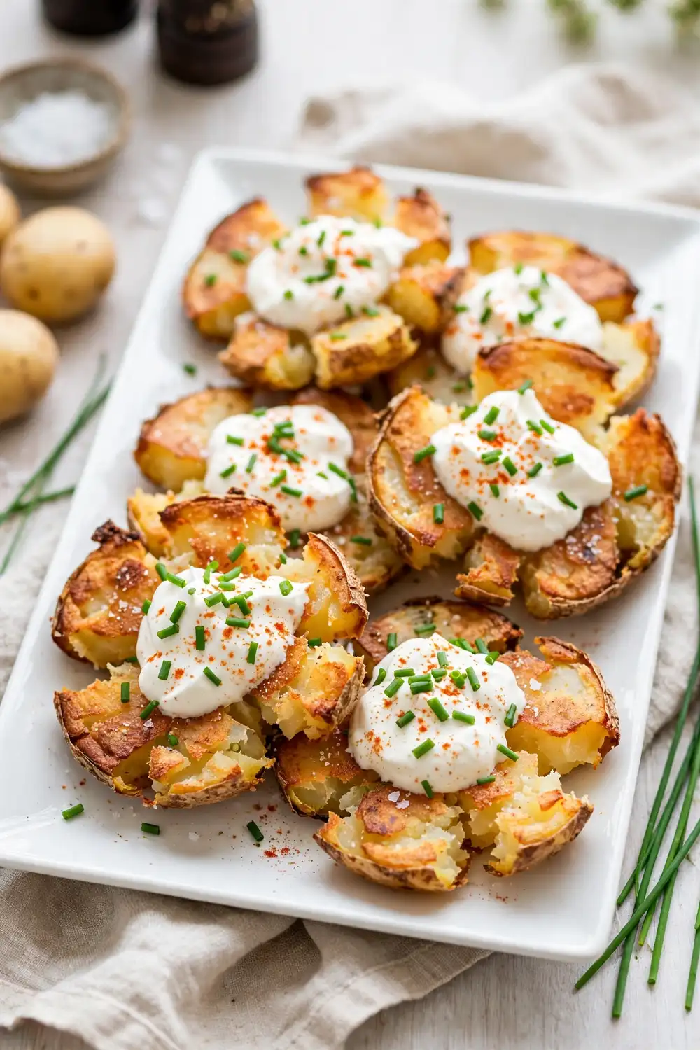 Crispy smashed potato skins with sour cream, chives and paprika