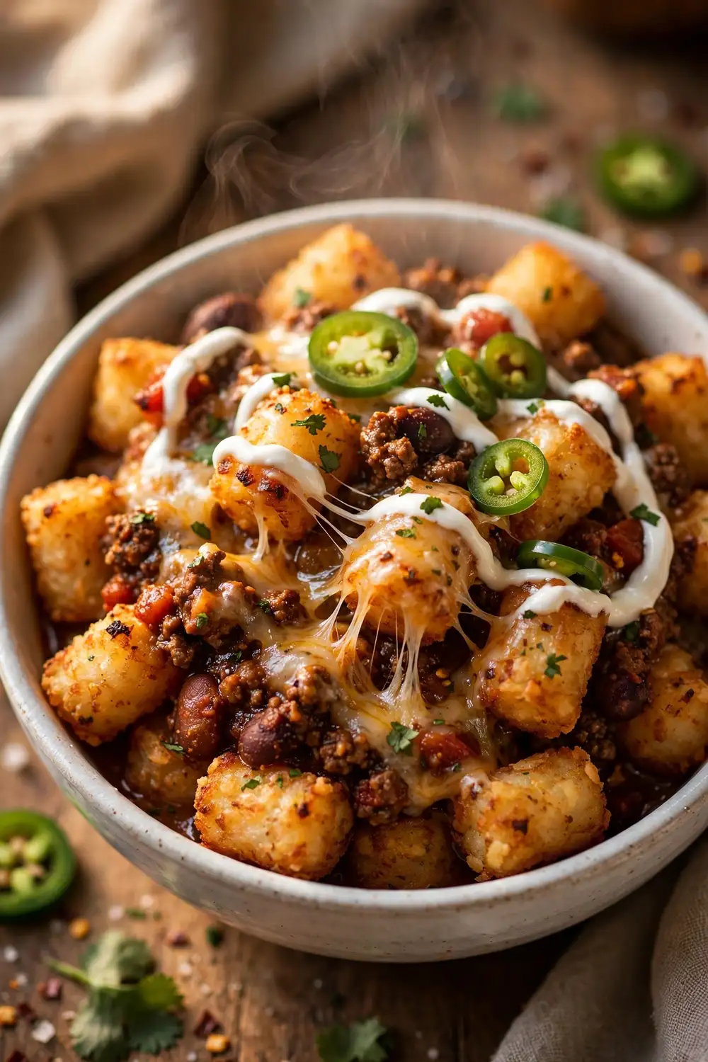 Chili cheese tater tots with melted cheddar, jalapenos and sour cream