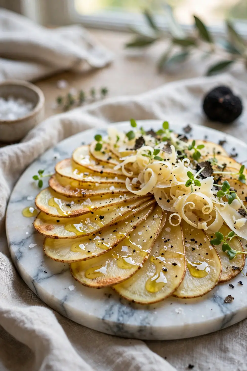 Truffle parmesan potato slices with shaved parmesan on a marble plate
