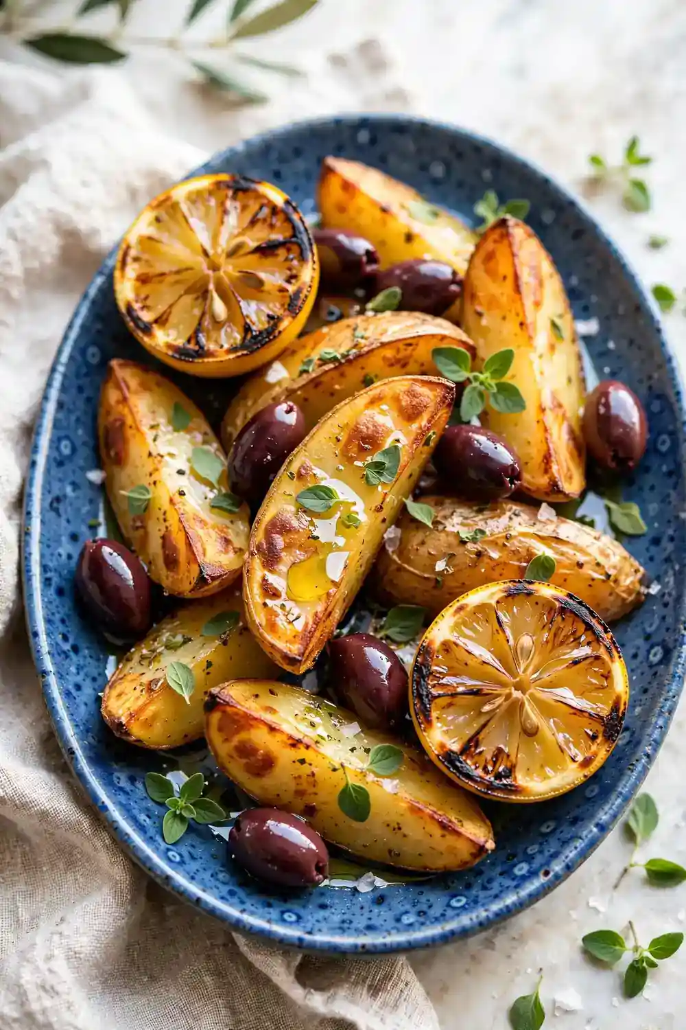 Greek lemon roasted potato wedges with charred lemon and oregano