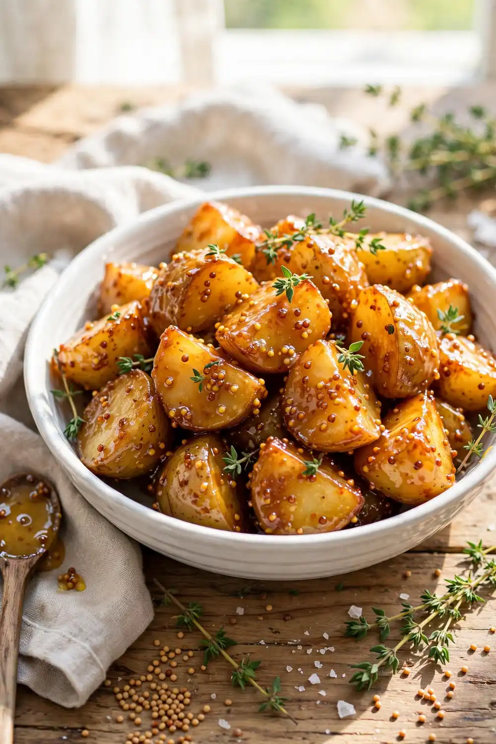 Honey mustard glazed roasted potato chunks with a caramelized sticky coating