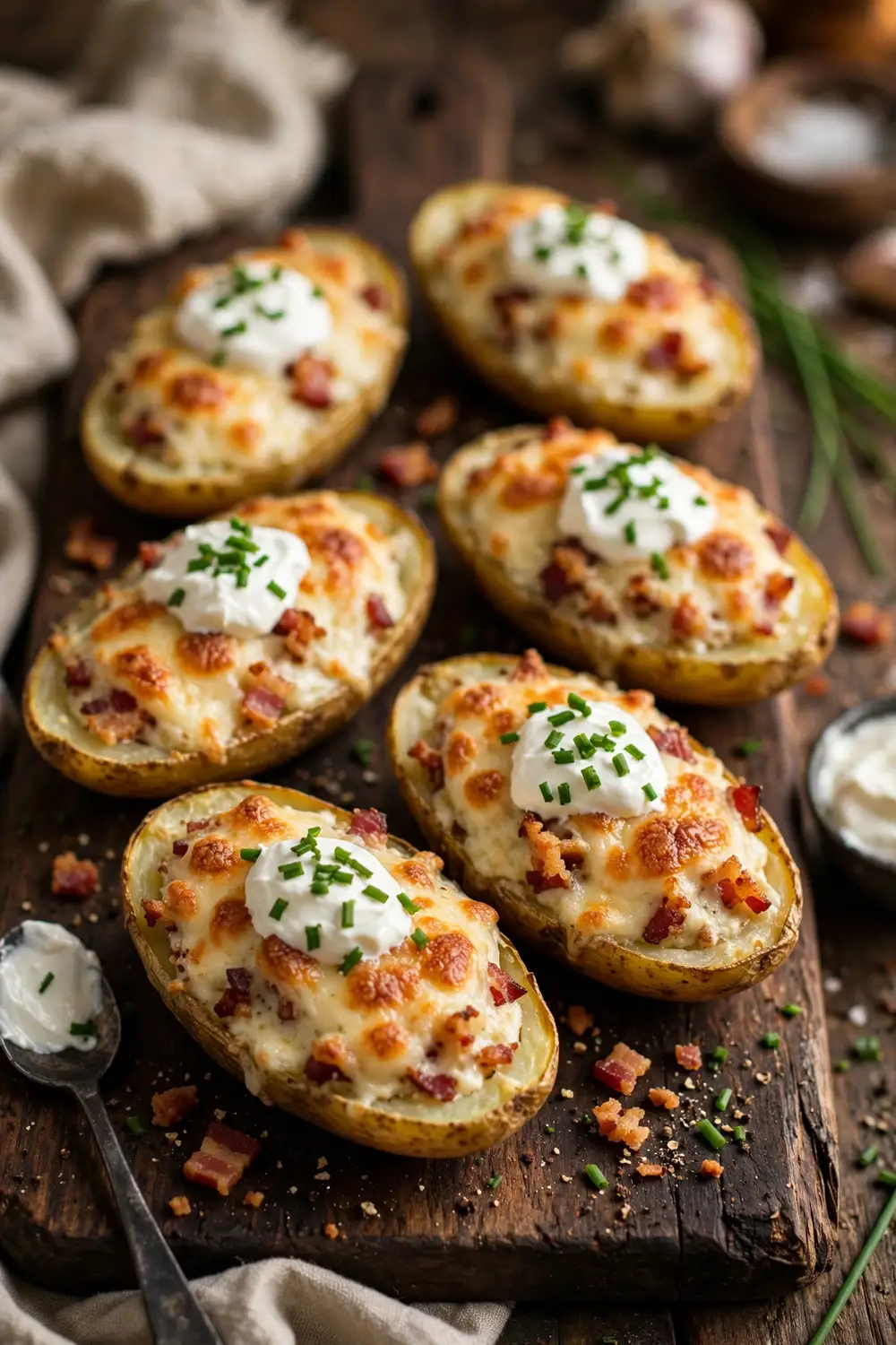 Stuffed potato skins with cheese filling, bacon and chives