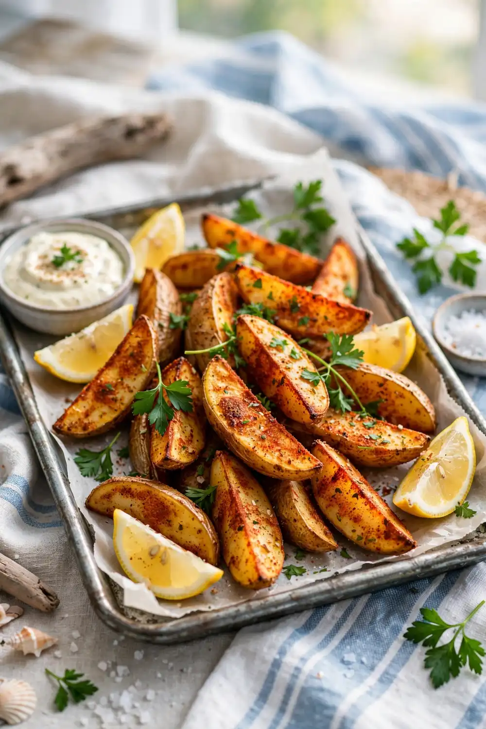 Old Bay roasted potato wedges with lemon on a serving platter