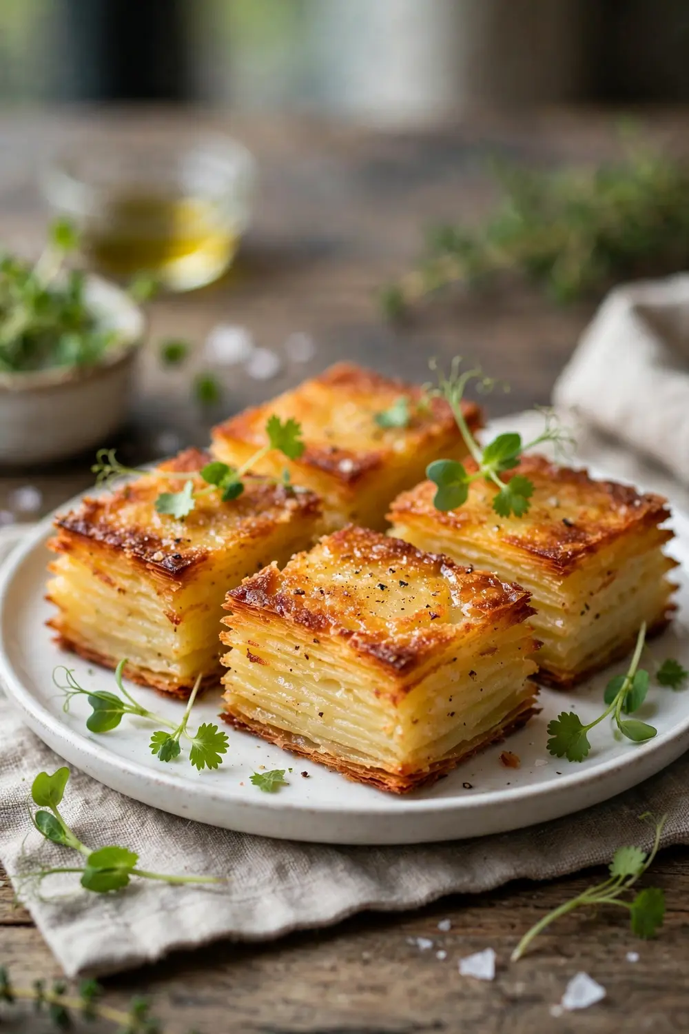 Crisp potato pave layers fried golden with butter