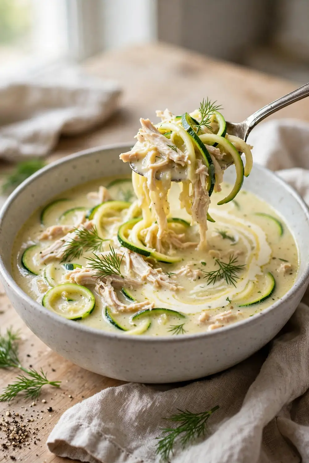 Creamy chicken soup with zucchini noodles, dill and a spoon