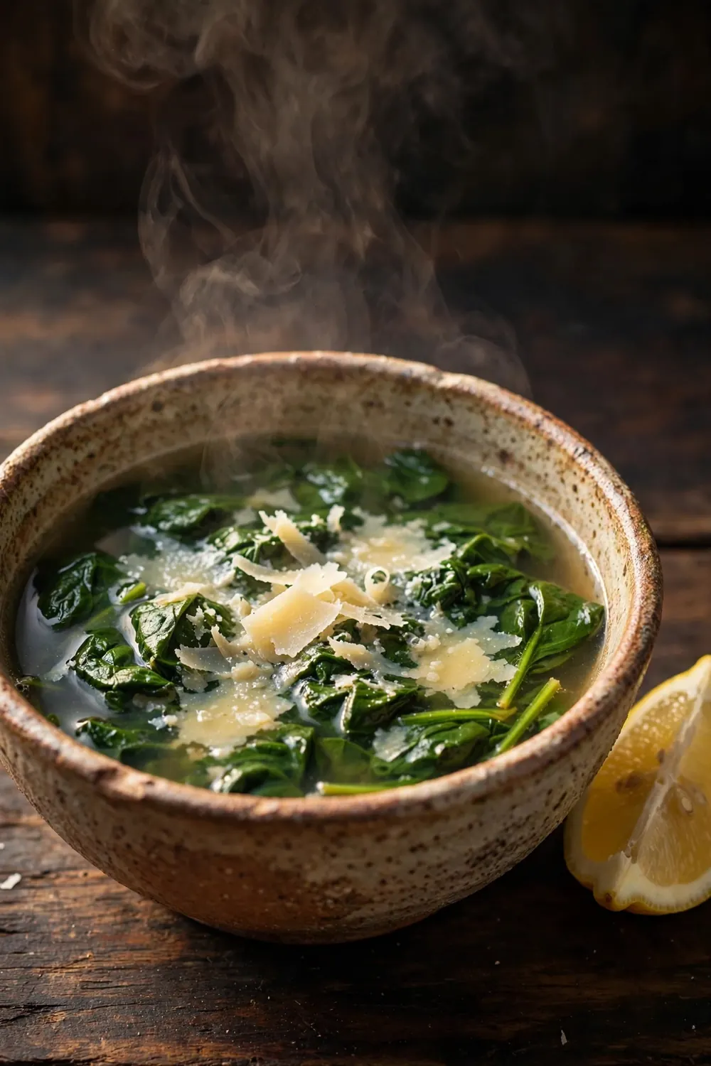 Clear spinach parmesan broth with wilted greens in a rustic bowl