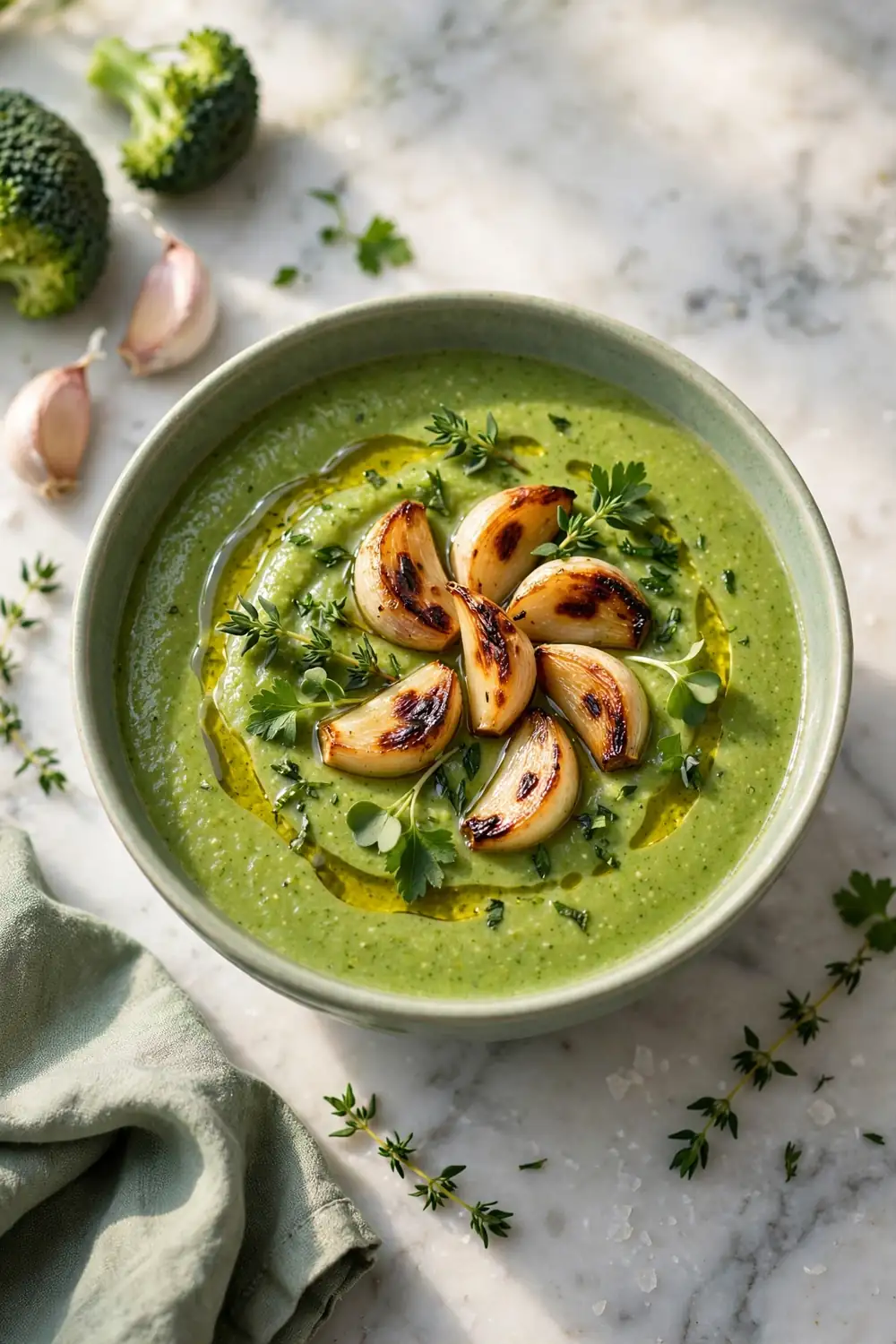 Vibrant green broccoli garlic soup with olive oil drizzle