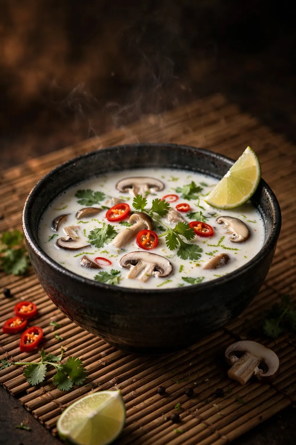 Thai coconut soup with lime, cilantro and chili in a dark bowl