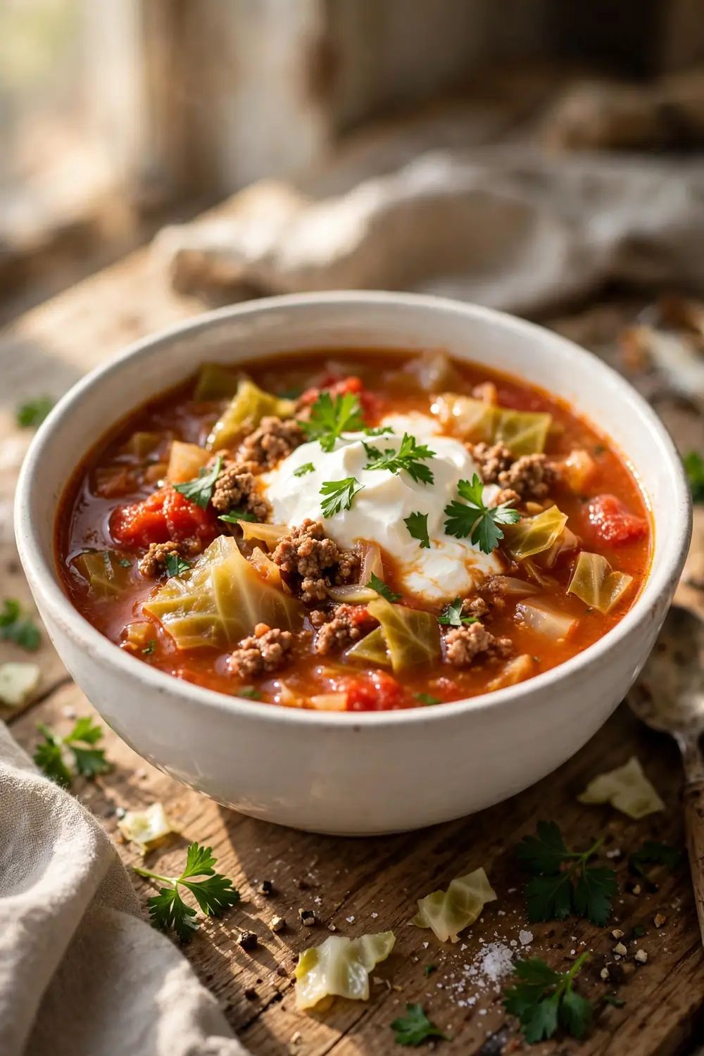 Cabbage roll soup with ground beef, tomatoes and rice-free filling