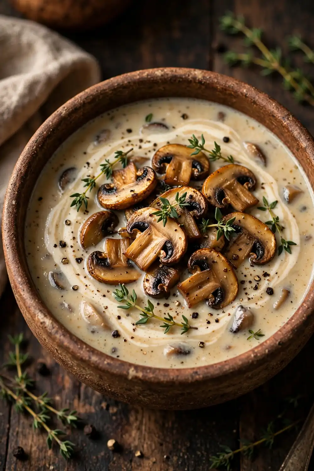 Creamy mushroom thyme soup with browned mushrooms on top