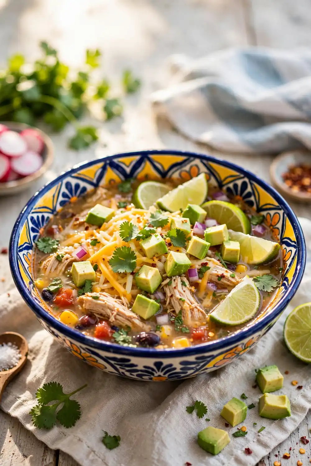 Taco chicken soup with avocado, cheese and lime wedges