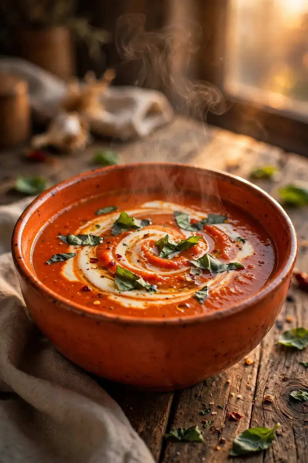 Roasted red pepper soup swirled with cream in an orange bowl