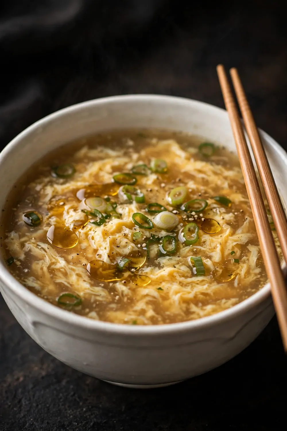 Egg drop soup with silky ribbons and sliced scallions
