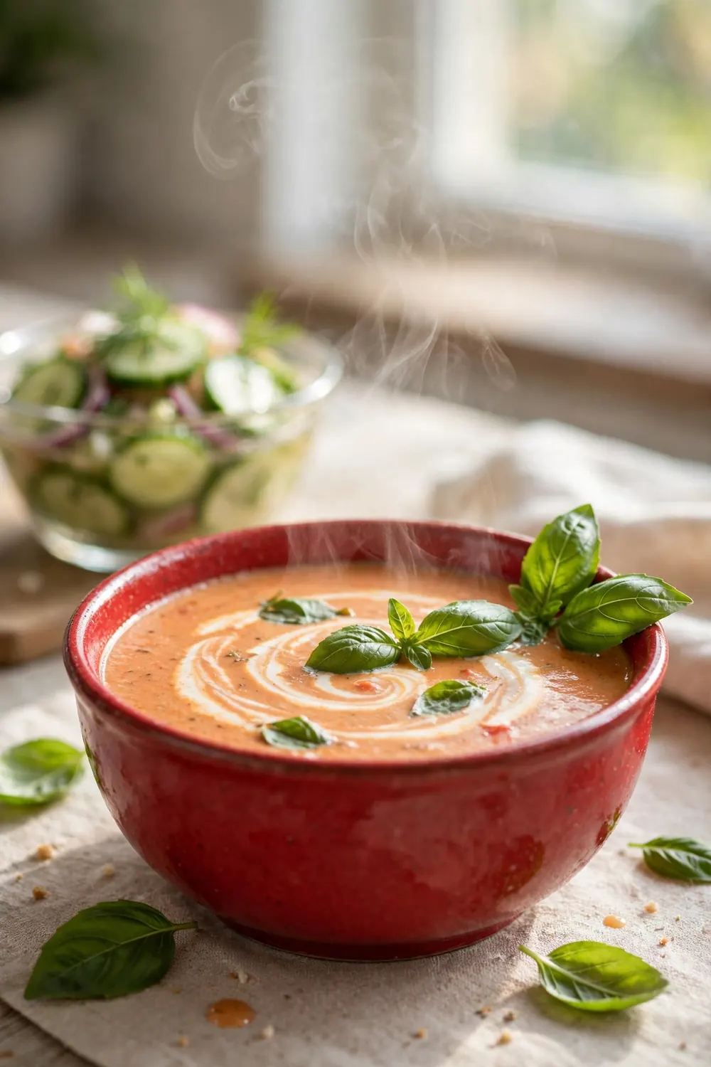 Creamy tomato basil soup with fresh basil leaves and cream swirl