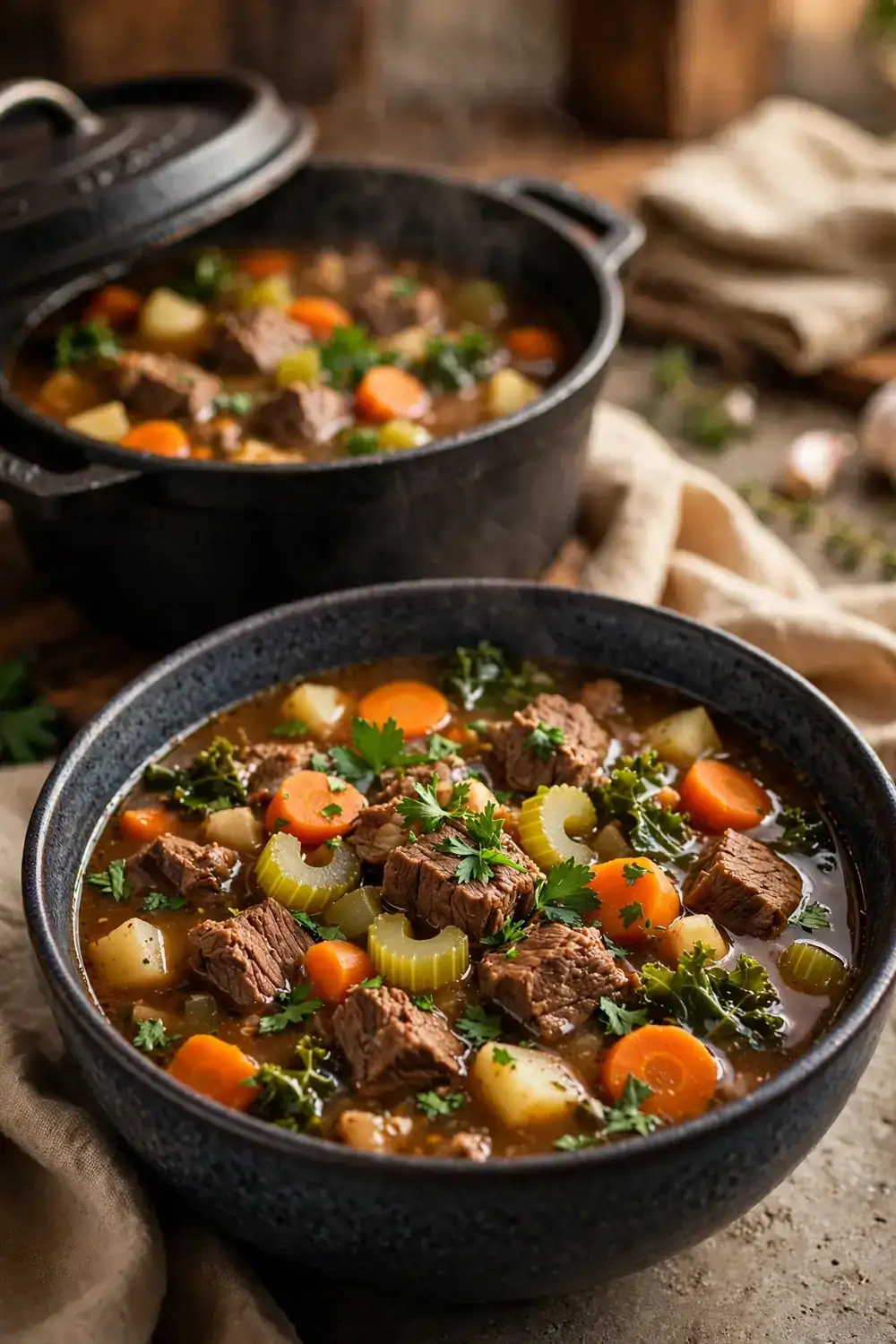 Beef vegetable soup with tender chunks in a hearty broth