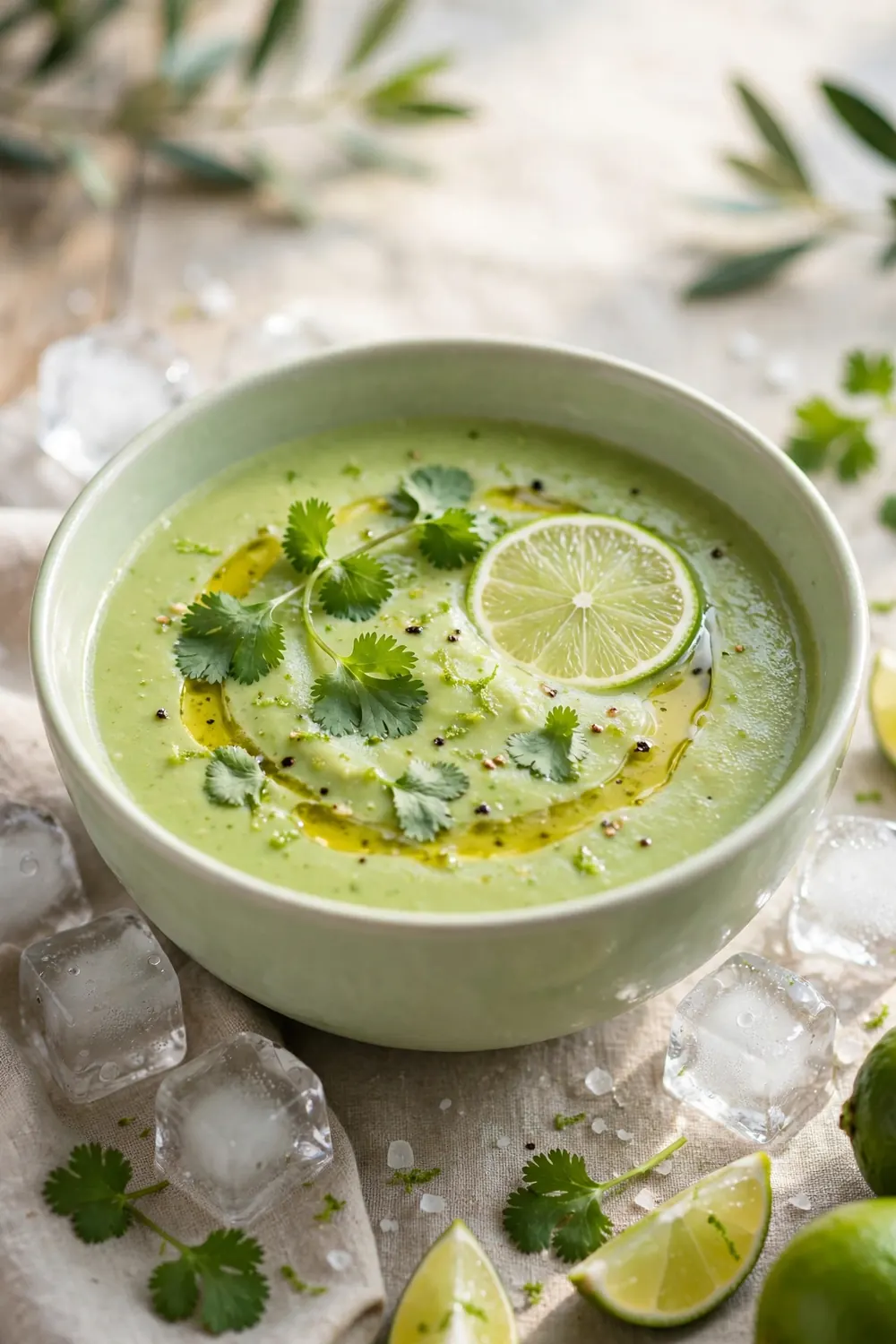 Chilled avocado lime soup with cilantro and a lime wheel