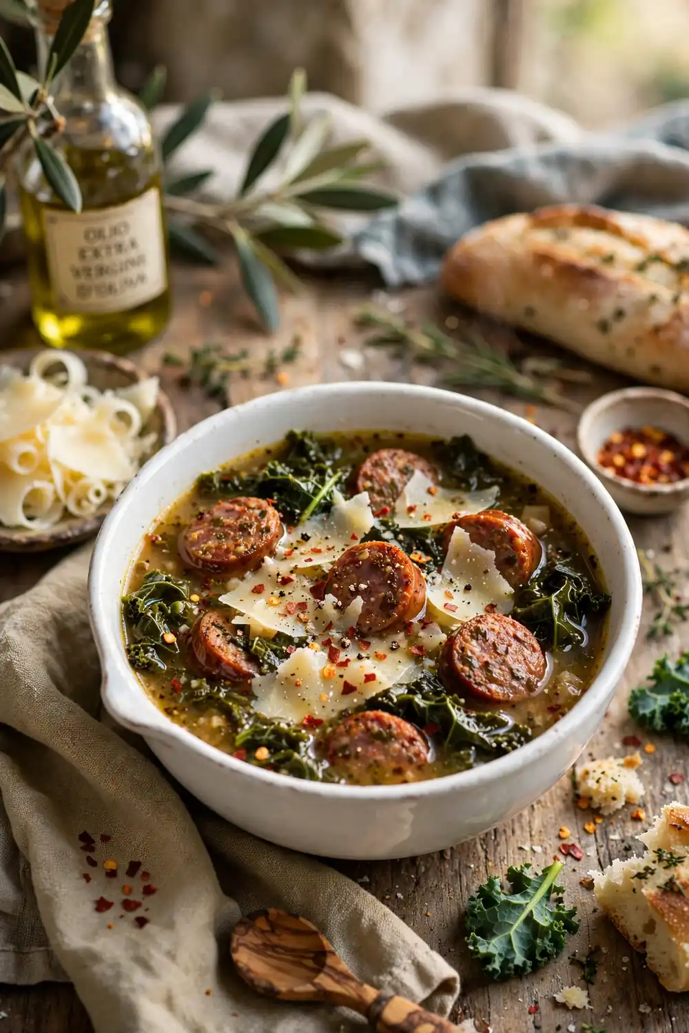 Tuscan sausage kale soup with parmesan and red pepper flakes