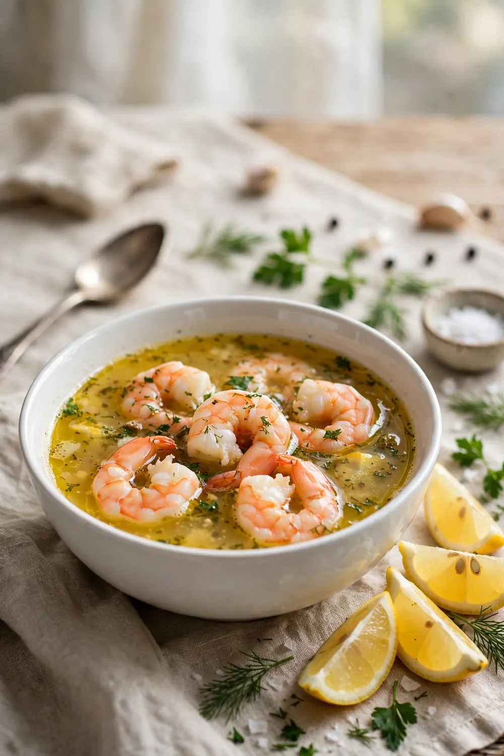Shrimp soup in lemon butter broth with herbs in a white bowl