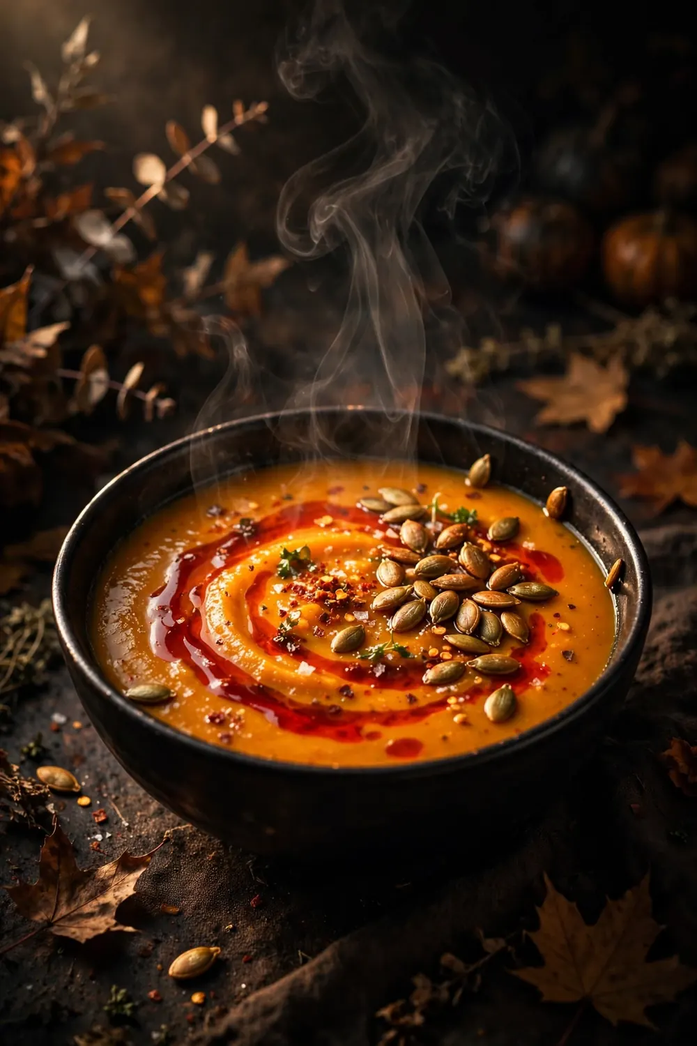 Spicy pumpkin soup with chili oil and toasted seeds