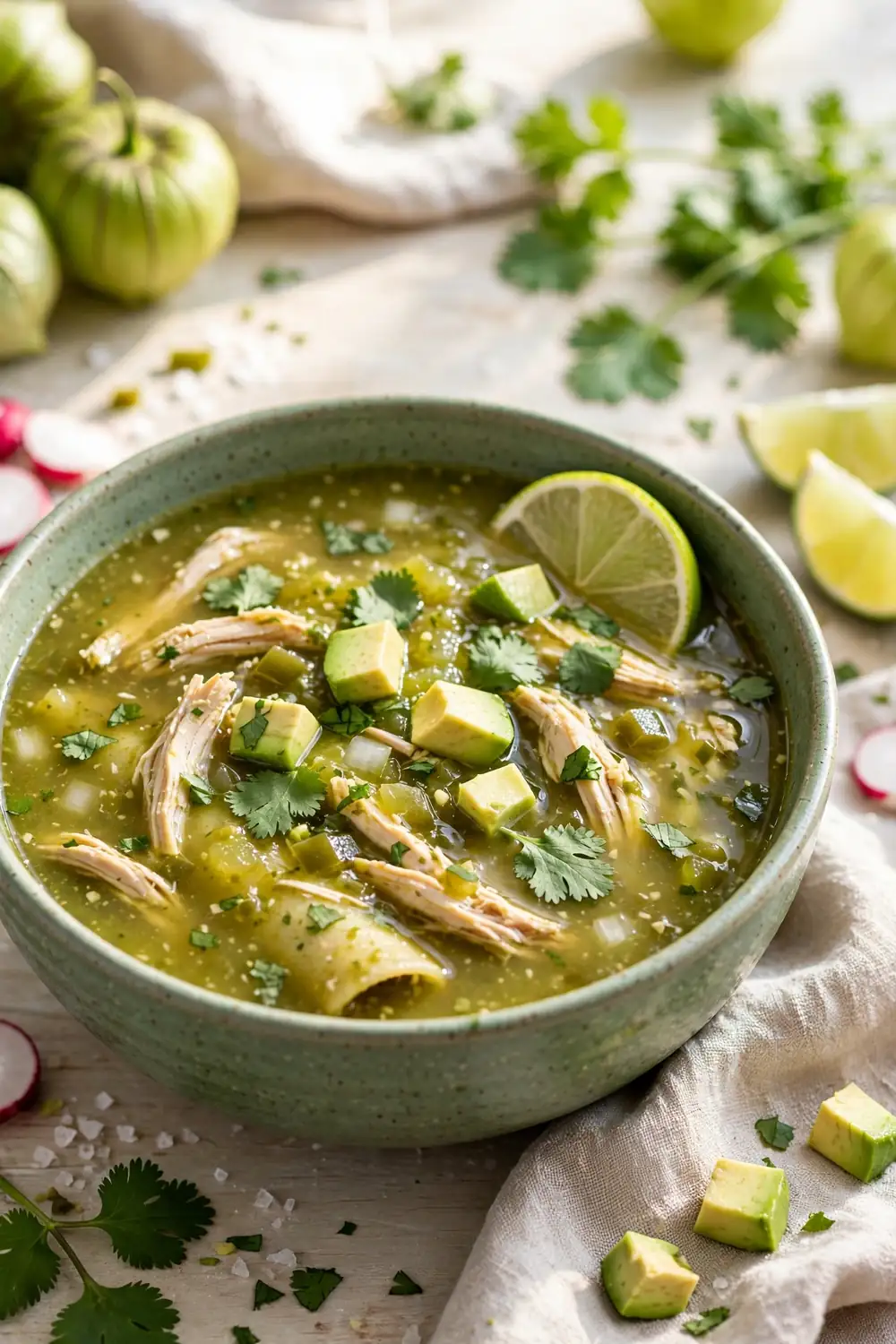Green chicken enchilada soup with tomatillos and cilantro