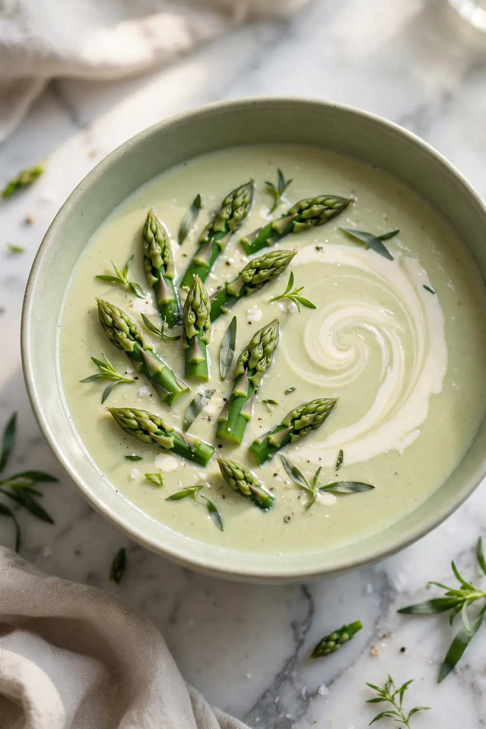 Creamy asparagus soup with tarragon in a pale green bowl